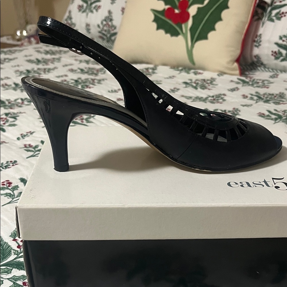 East 5th Navy Cutout Slingback Heels